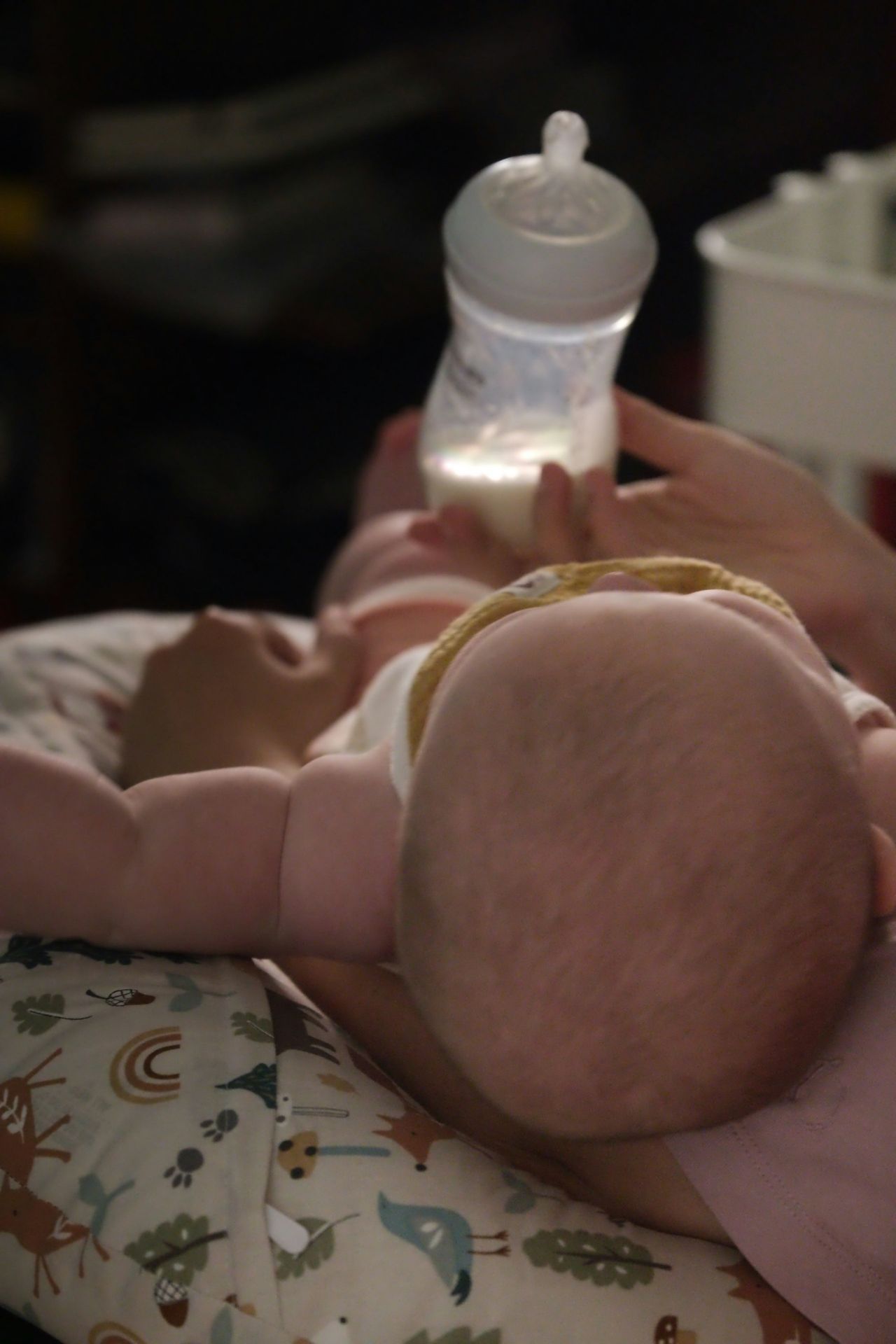 A woman holding a baby while holding a bottle